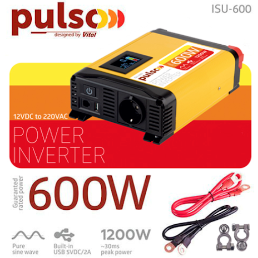 Перетворювач напруги PULSO/ISU- 600/12V-220V/600W/LCD/USB-5VDC2.0A/син.хвиля/клеми