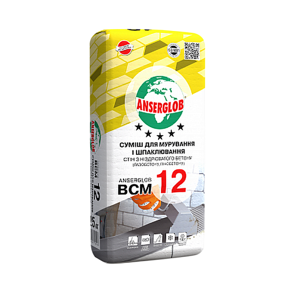 Клей-шпаклівка Anserglob BCM 12 Зима від -5°С (25 кг) для пористих блоків (Ансерглоб)
